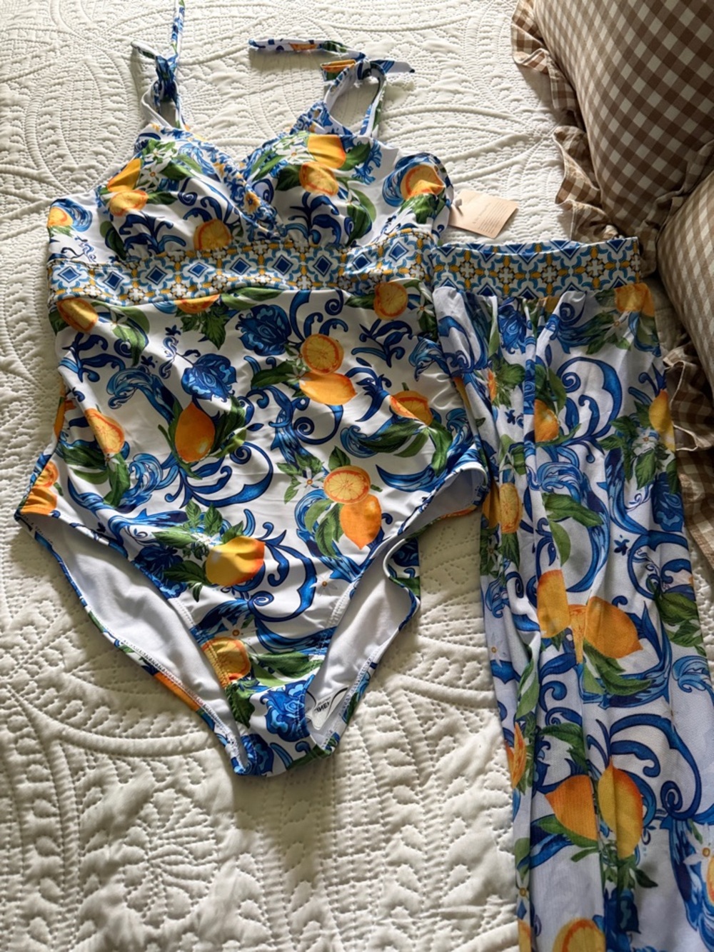 BloomChic White Blue Yellow Lemon-Print One-Piece with Cover Pants